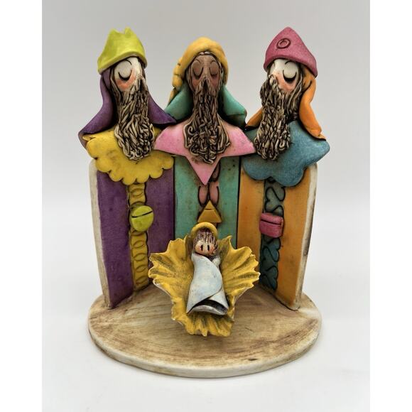 Handmade Studio Art Pottery Baby Jesus & Three Wisemen Figurine 5” Signed Ruiz - Picture 1 of 9